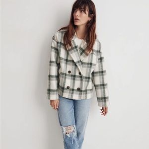 NWT Madewell Jacquard Double-Breasted Crop Blazer in Plaid in Deep Forest